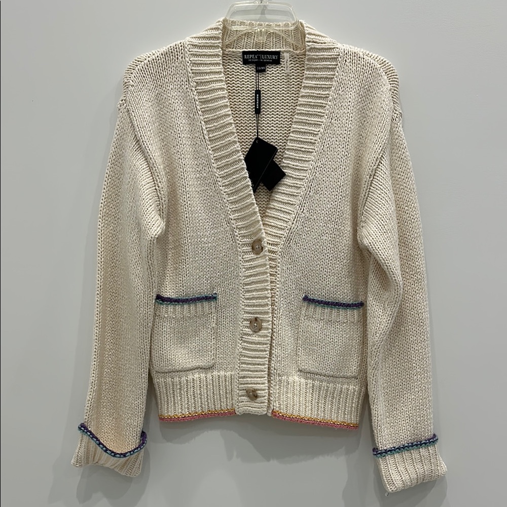 Repeat Luxury Off White Knit Cardigan Sweater Size XS